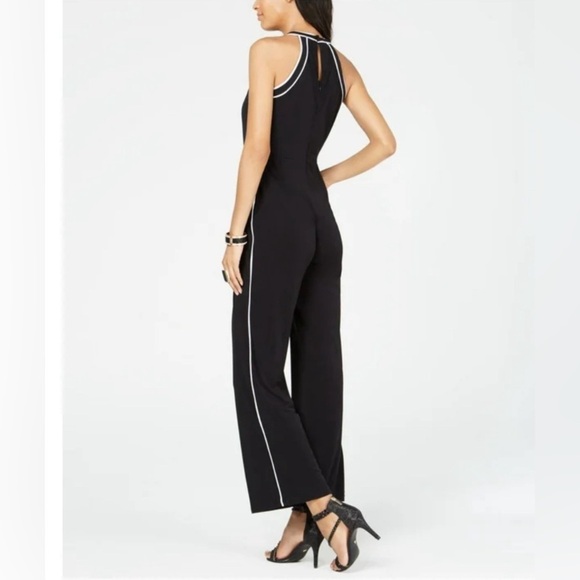 INC Contrast Piping Halter Jumpsuit Black White Stripe Straight Leg Large Chic - Picture 2 of 15